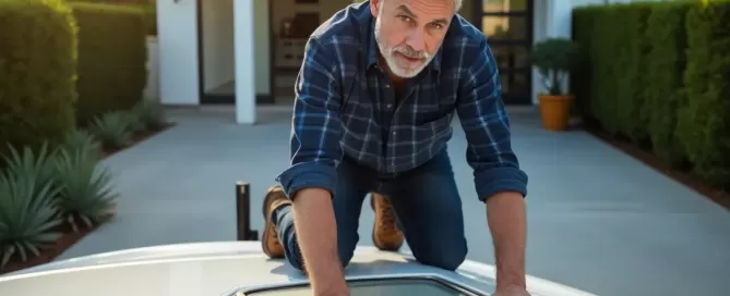 man on top of rv inspecting hatch cover for leaks