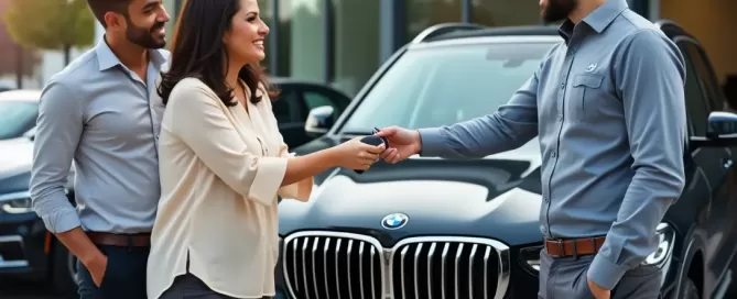 couple in auto body parking lot picking up BMW