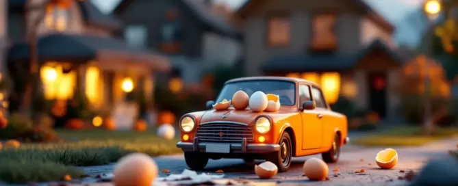 miniture car at halloween with broken eggs