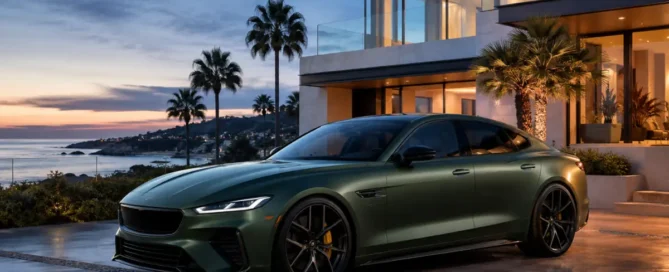 luxury car with matte finish at beach house