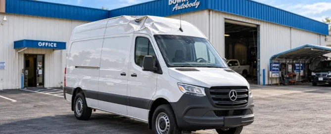 sprinter van in front of Downtown Autobody shop